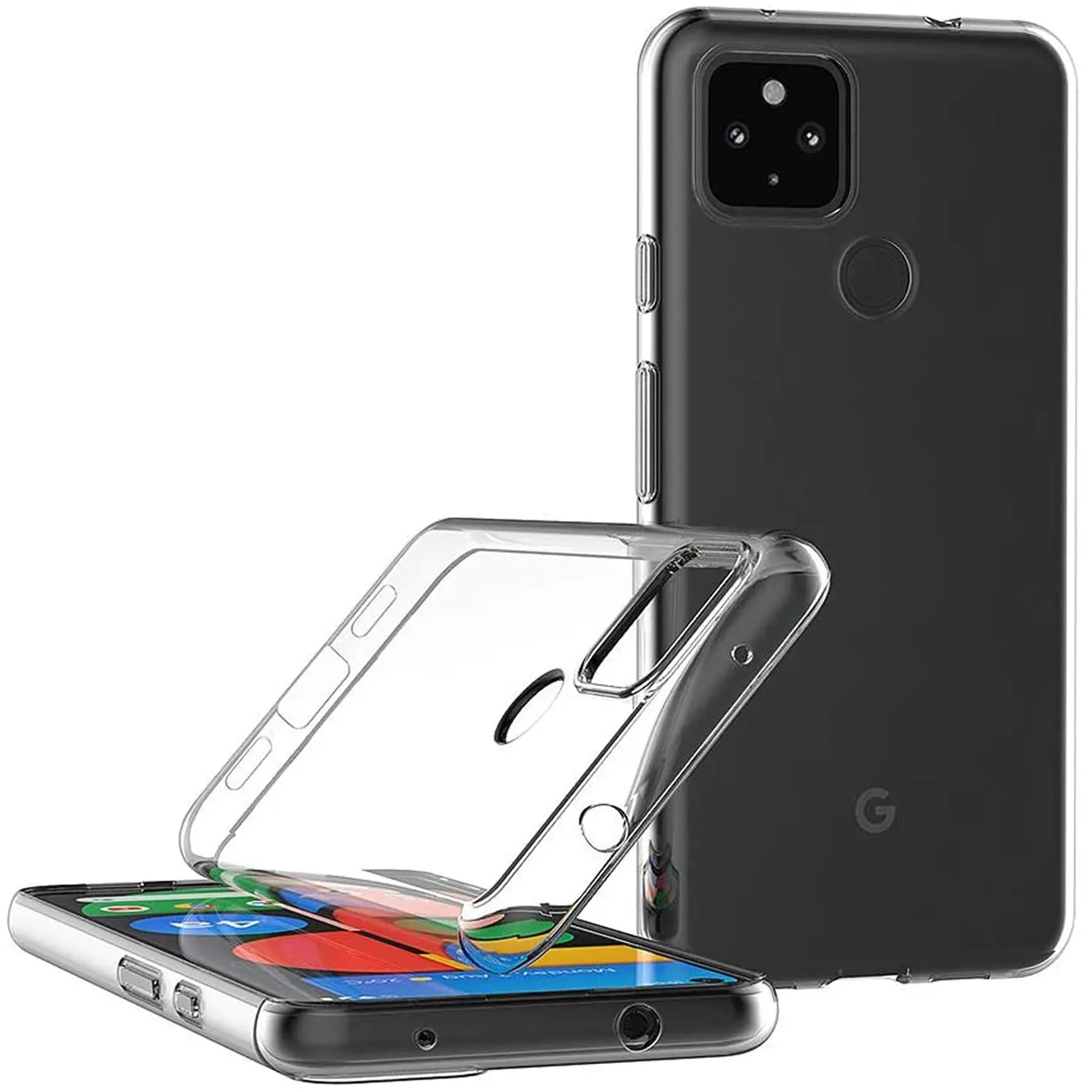Klares, transparentes Silikon-Case für Google Pixel 4A. Ein Handy liegt flach, ein Case schwebt darüber, ein weiteres Handy.