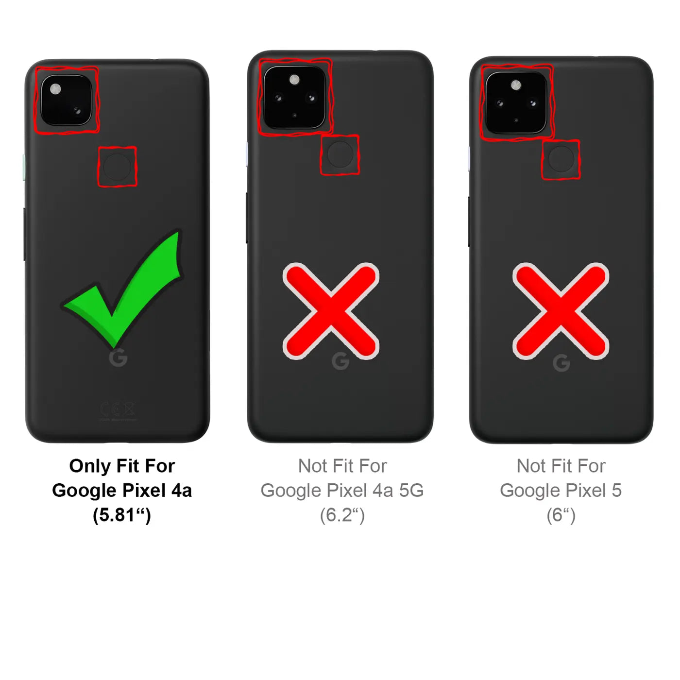 Drei schwarze Google Pixel Rückseiten, von oben. Links Pixel 4a mit grünem Haken. Mitte Pixel 4a 5G, rechts Pixel 5, beide.