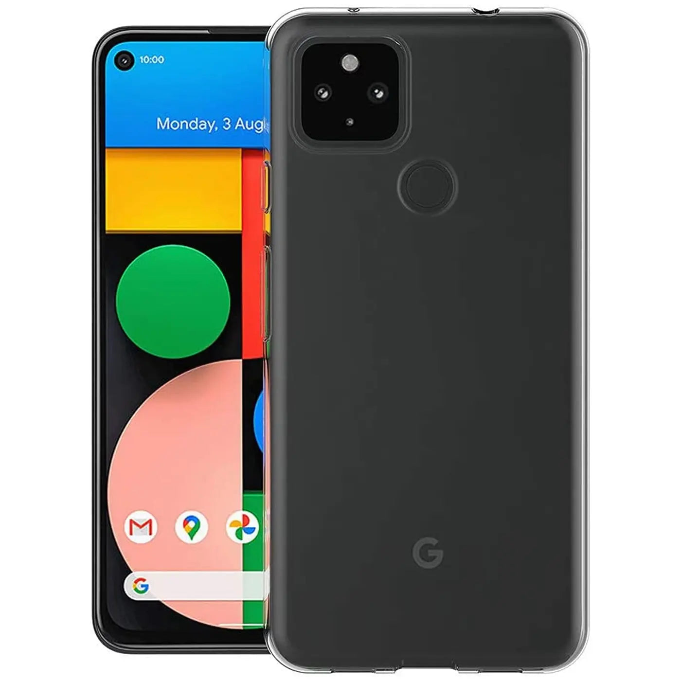 Google Pixel 4A mit transparentem, ultra-schlankem Silikon-Case, Rückseite und Display sichtbar, leicht schräg.