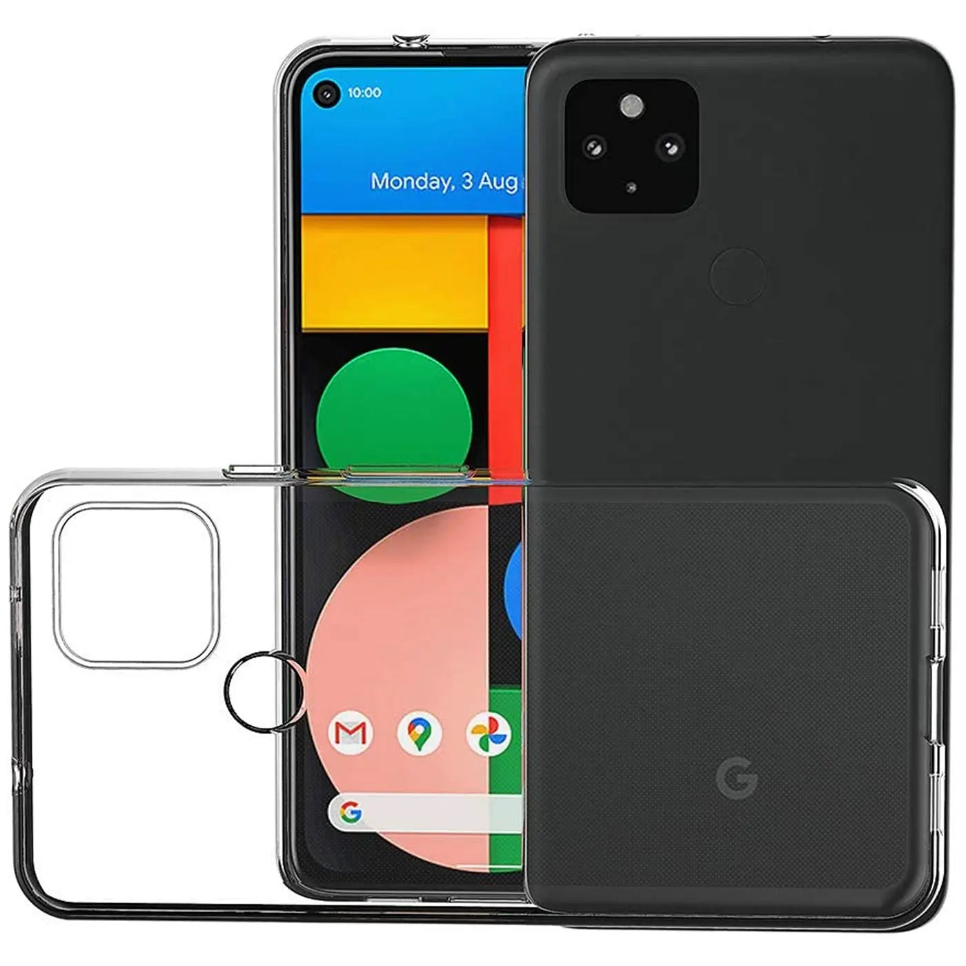 Klares, transparentes Silikon-Case für Google Pixel 4A, von vorne und hinten gezeigt, mit schwarzem Pixel 4A.