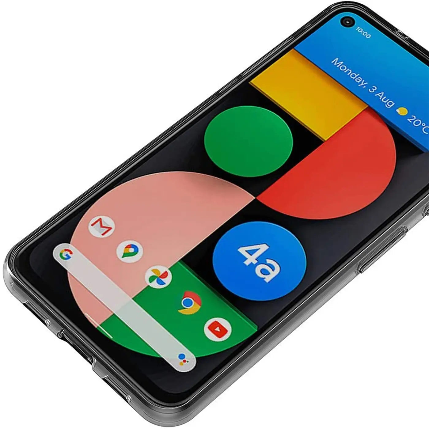 Google Pixel 4A mit transparentem, ultra-schlankem TPU-Case, leicht schräg von oben rechts fotografiert.