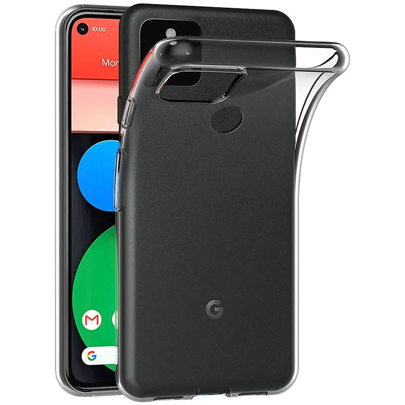 Klares, transparentes Silikon-Case für Google Pixel 5a, von hinten links oben sichtbar, teilweise vom Handy abgezogen.