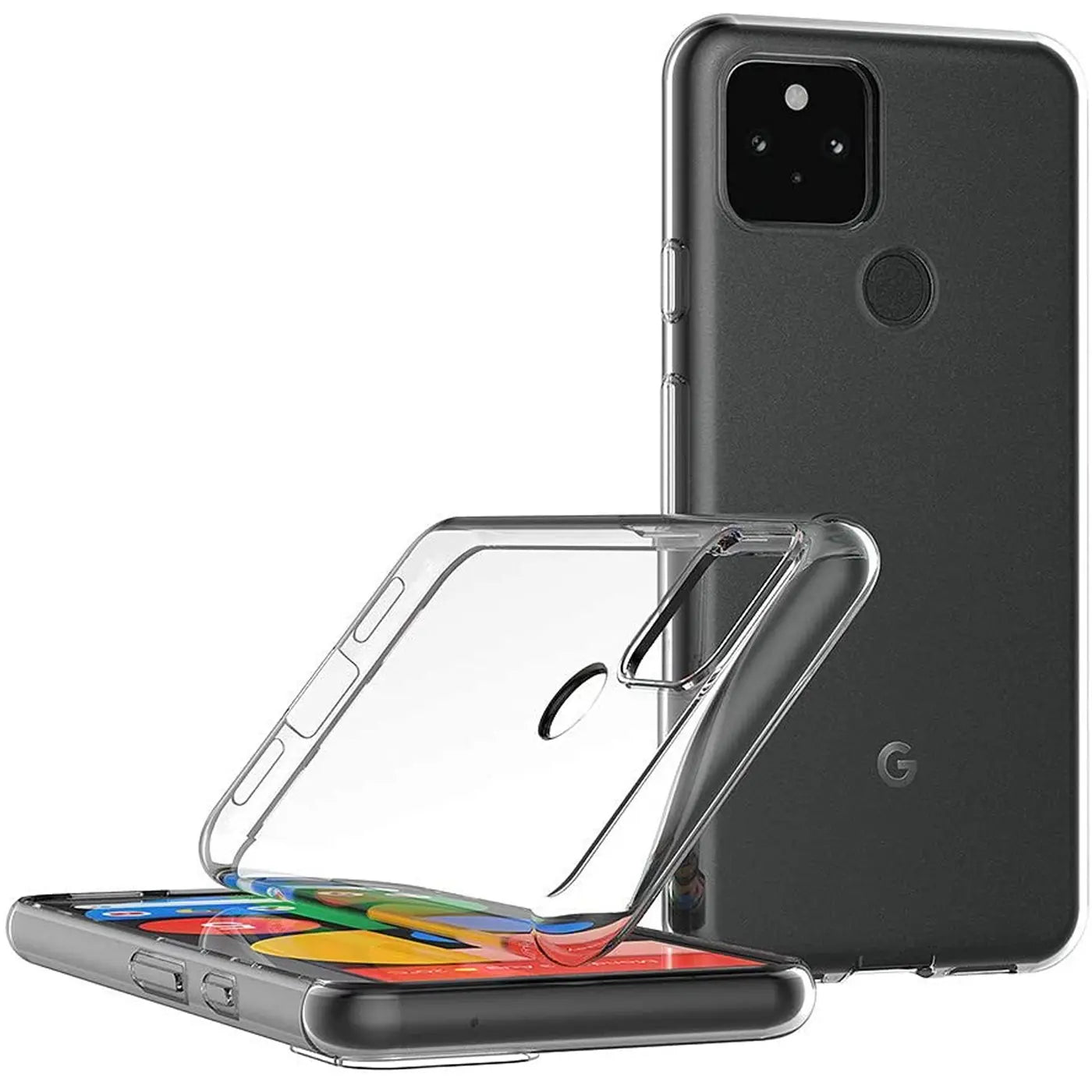 Klares, transparentes Silikon-Case für Google Pixel 5a. Hülle liegt auf Display eines Pixel 5a, ein weiteres steht dahinter.