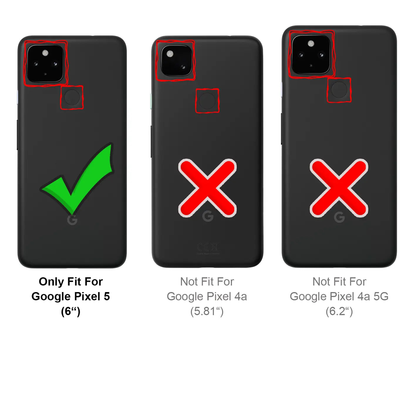 Drei schwarze Google Pixel Smartphones von hinten, mit roten Markierungen und Haken/Kreuzen.