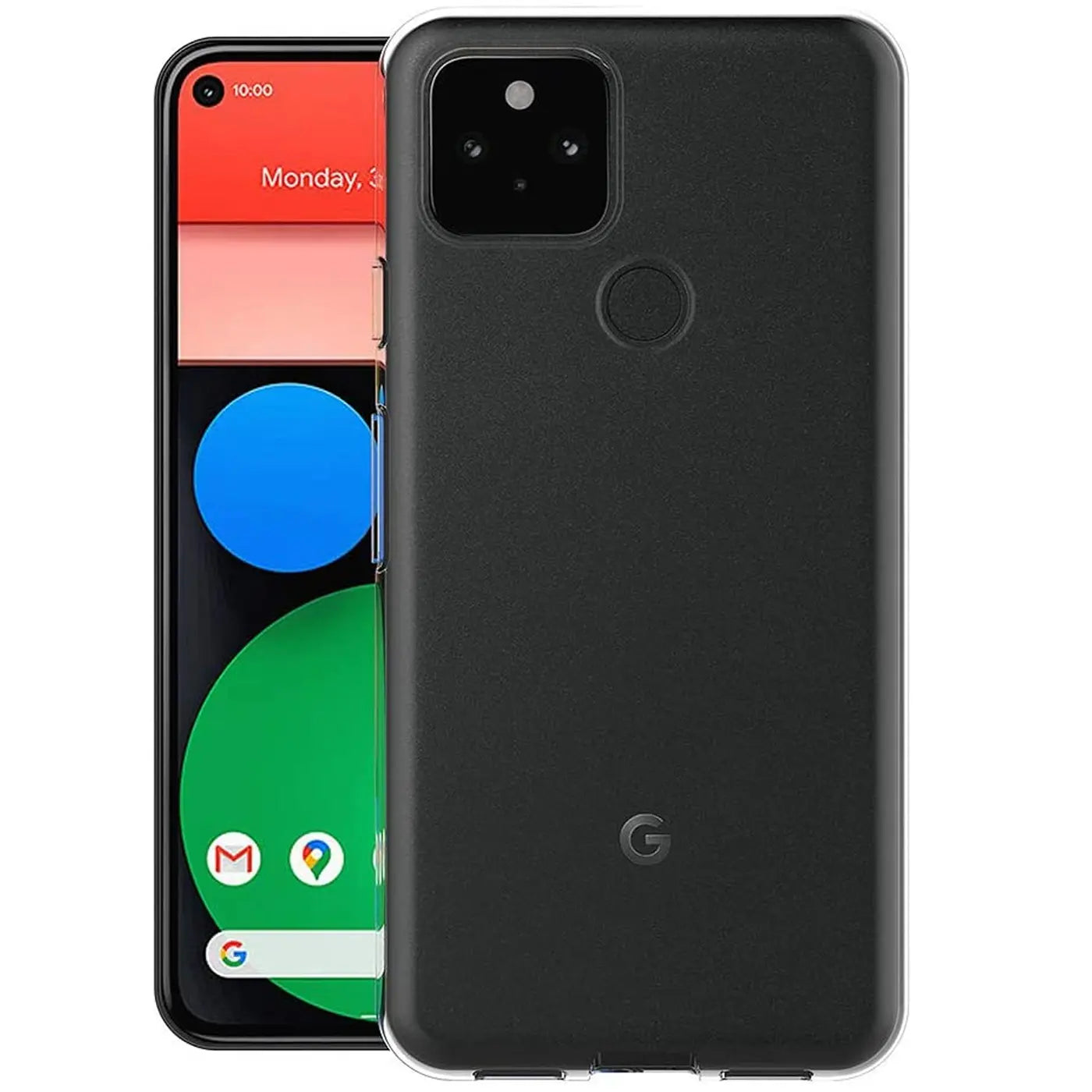 Google Pixel 5a mit transparentem, ultra-schlankem Silikon-Case, leicht schräg von vorne rechts fotografiert.