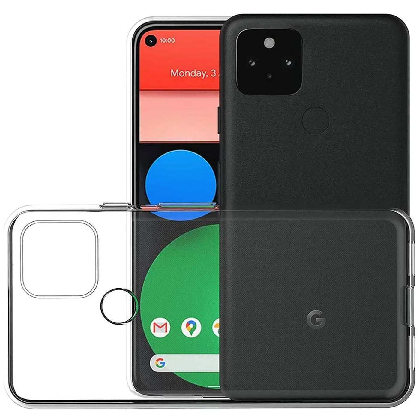Transparentes, ultra-schlankes Silikon-Case für Google Pixel 5a, von vorne und hinten sichtbar, neben dem Handy.