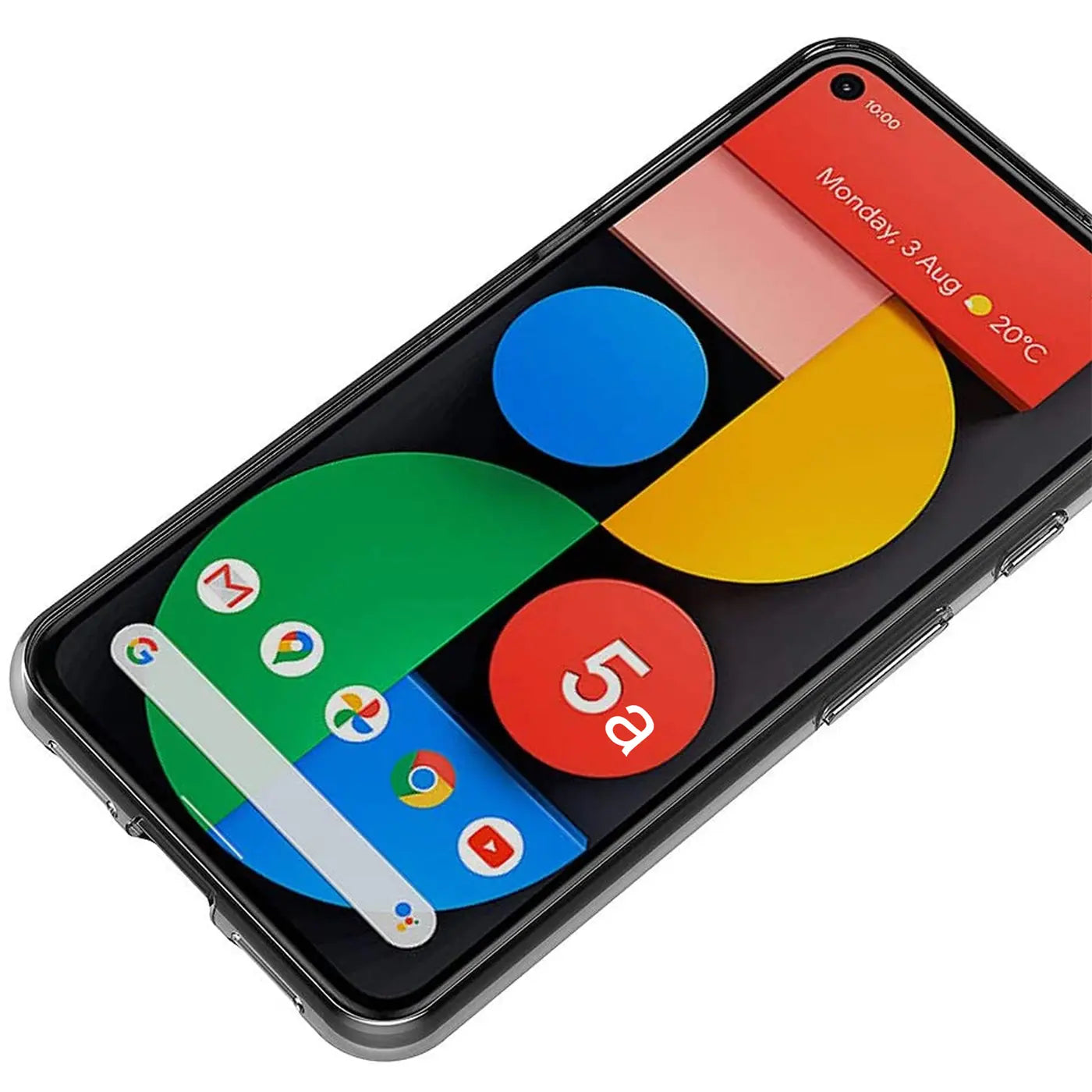 Google Pixel 5a in transparentem, ultra-schlankem Silikon-Case, schräg von oben rechts auf weißem Hintergrund.