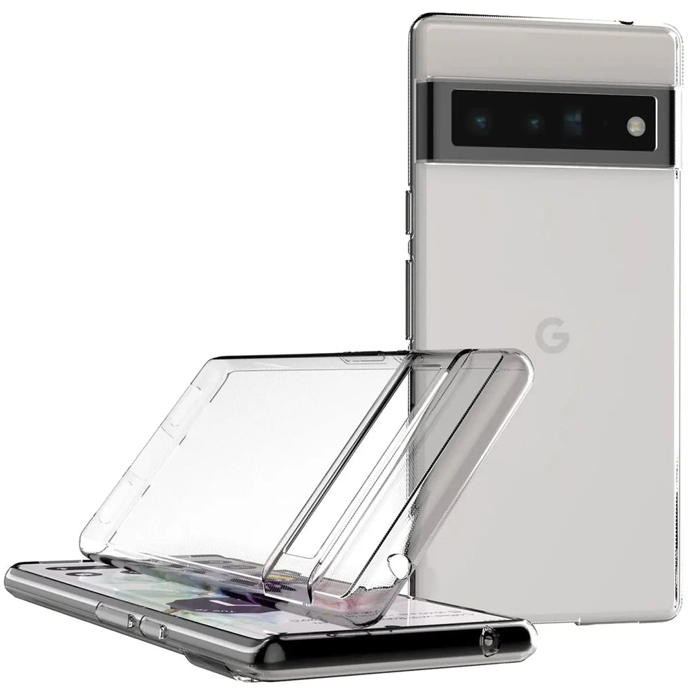 Transparentes, ultra-schlankes Silikon-Case für Google Pixel 6 Pro, liegend und stehend, von schräg oben.