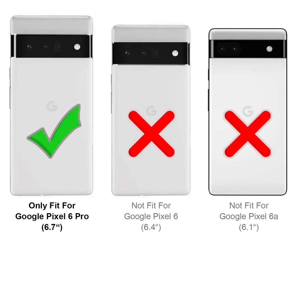 Drei weiße Google Pixel Handys von hinten: Links mit grünem Haken (Pixel 6 Pro), Mitte und rechts mit rotem X.