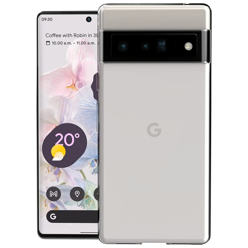 Google Pixel 6 Pro in transparentem, ultra-schlankem Silikon-Case, Vorder- und Rückseite leicht schräg.