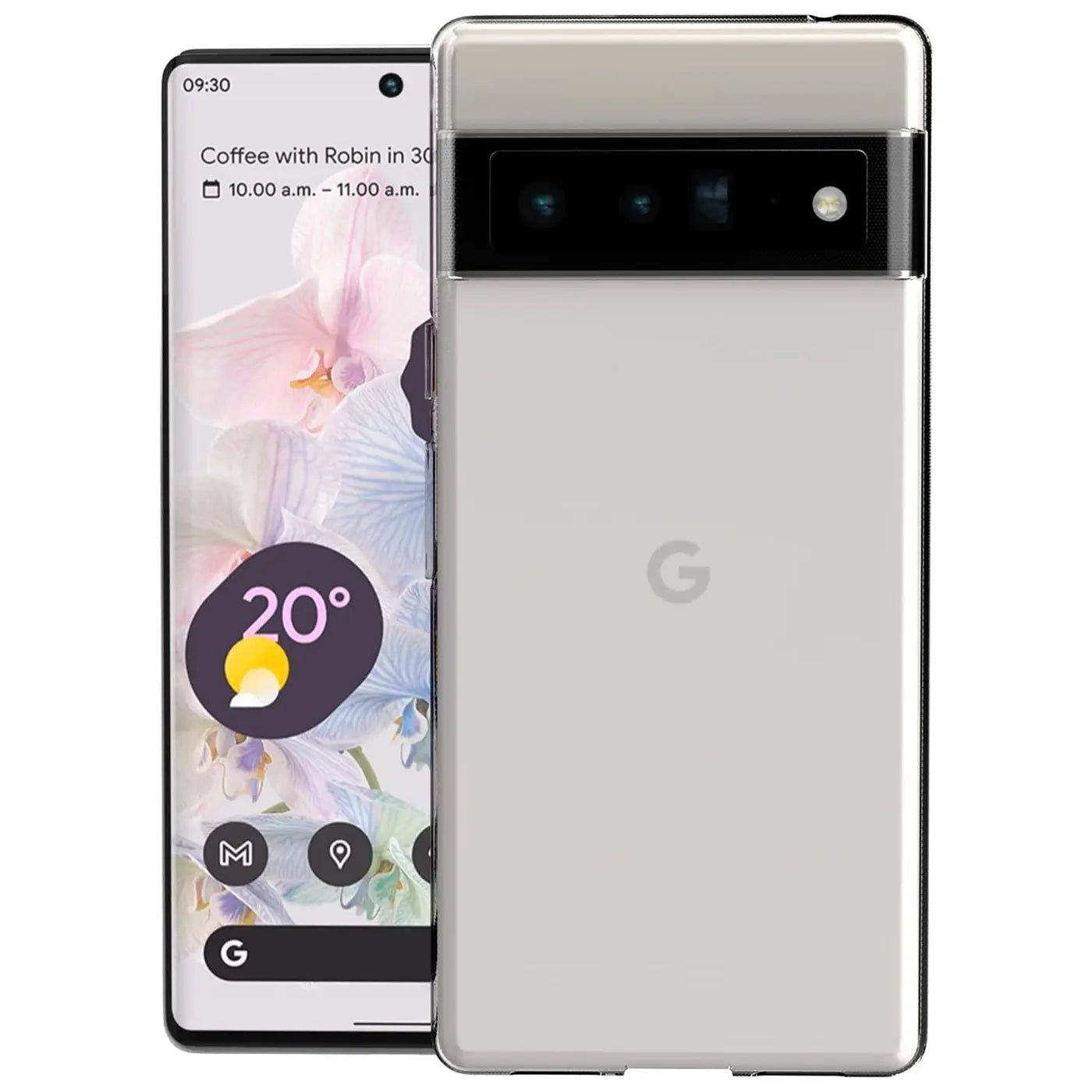 Google Pixel 6 Pro in transparentem, ultra-schlankem Silikon-Case, Vorder- und Rückseite leicht schräg.