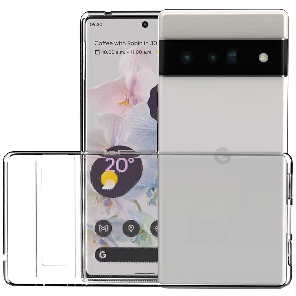 Google Pixel 6 Pro in transparentem Silikon-Case, von vorne und hinten gezeigt, leicht schräg von oben.