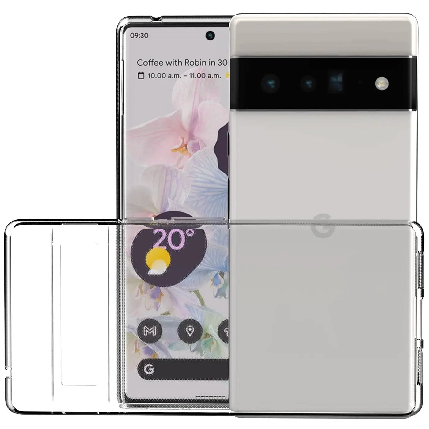 Google Pixel 6 Pro in transparentem Silikon-Case, von vorne und hinten gezeigt, leicht schräg von oben.