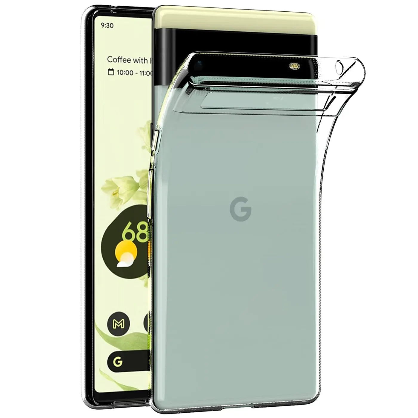 Google Pixel 6 mit transparentem, klarem Silikon-Case, von schräg vorne rechts gesehen, auf weißem Hintergrund.