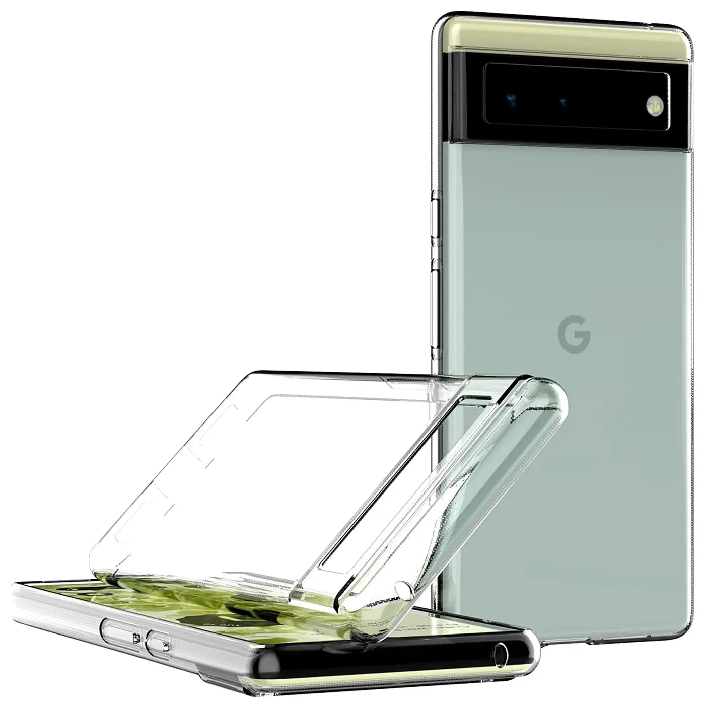 Klares, transparentes Silikon-Case für Google Pixel 6, teils auf dem Smartphone, teils daneben liegend.