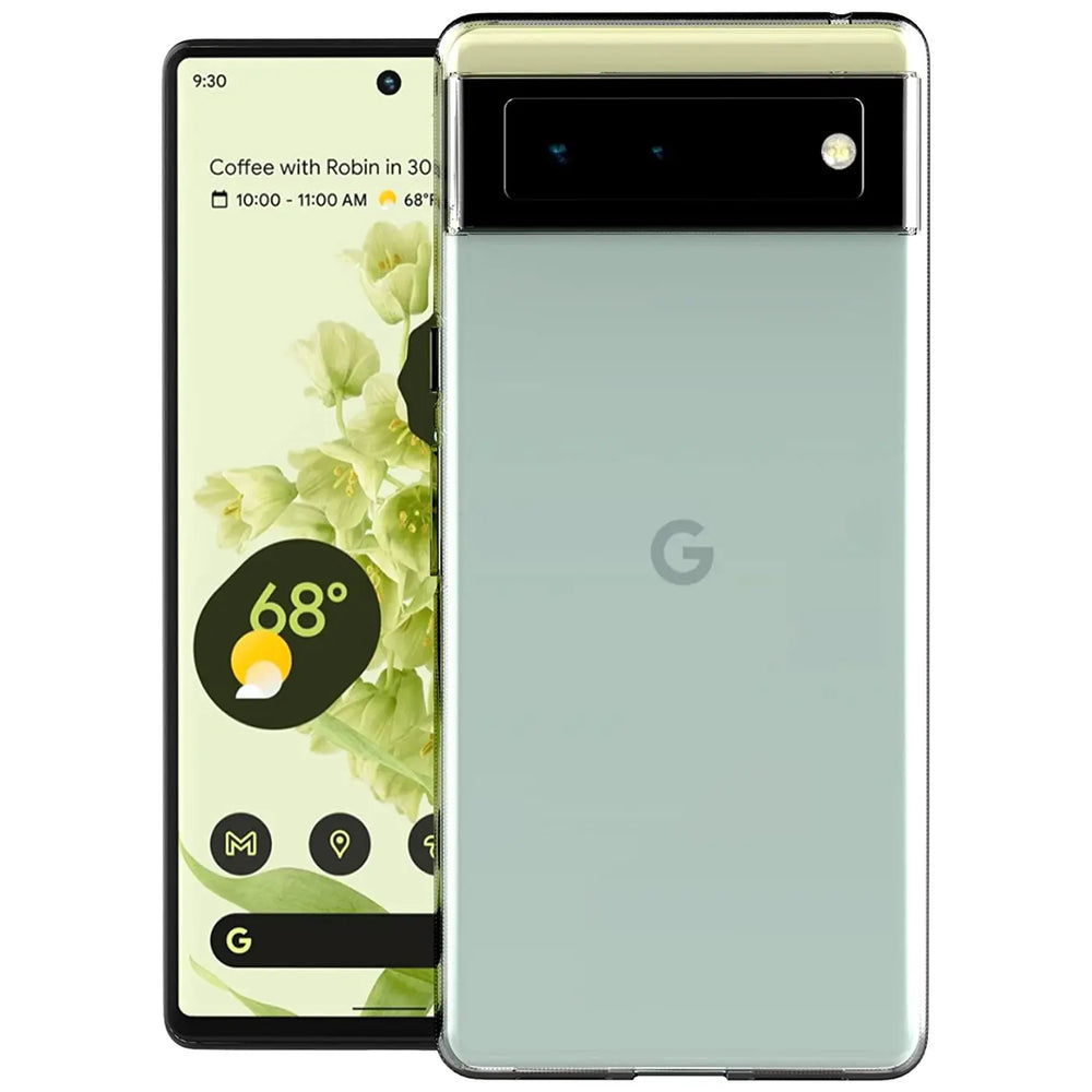 Google Pixel 6 in transparentem, ultra-schlankem Silikon-Case, Rückseite mit Kamera-Balken und Google-Logo.