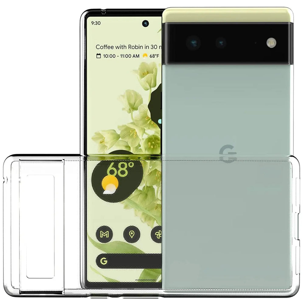 Klares, transparentes Silikon-Case um ein Google Pixel 6, das teilweise aus der Hülle geschoben ist. Frontansicht.
