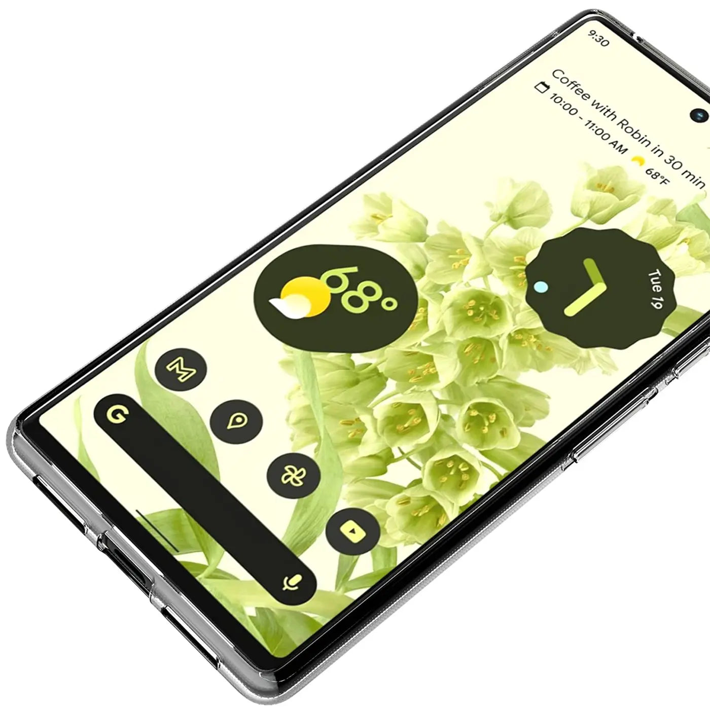 Google Pixel 6 in transparentem, ultra-schlankem Silikon-Case, schräg von oben rechts auf weißem Hintergrund.