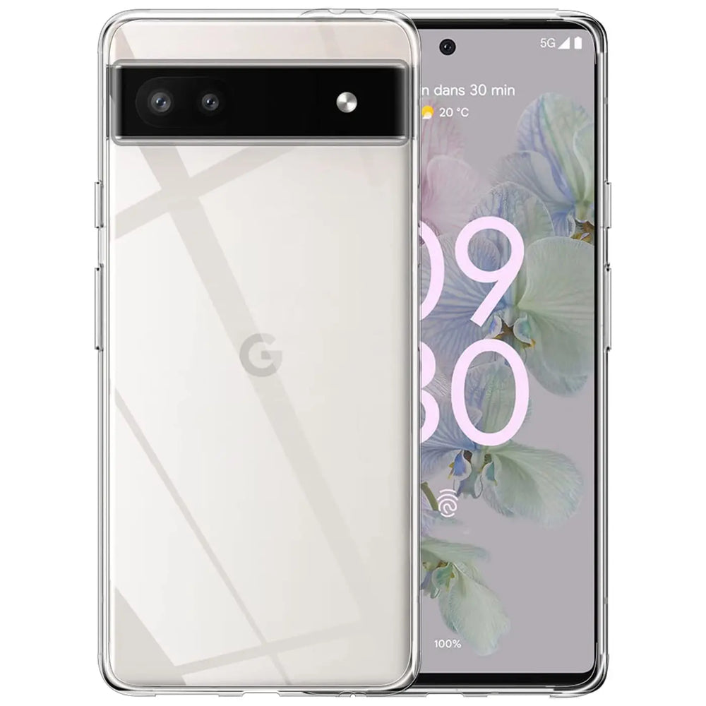 Google Pixel 6a in transparenter, ultra-schlanker Silikonhülle, Rückseite mit Google-Logo und Kamera sichtbar.
