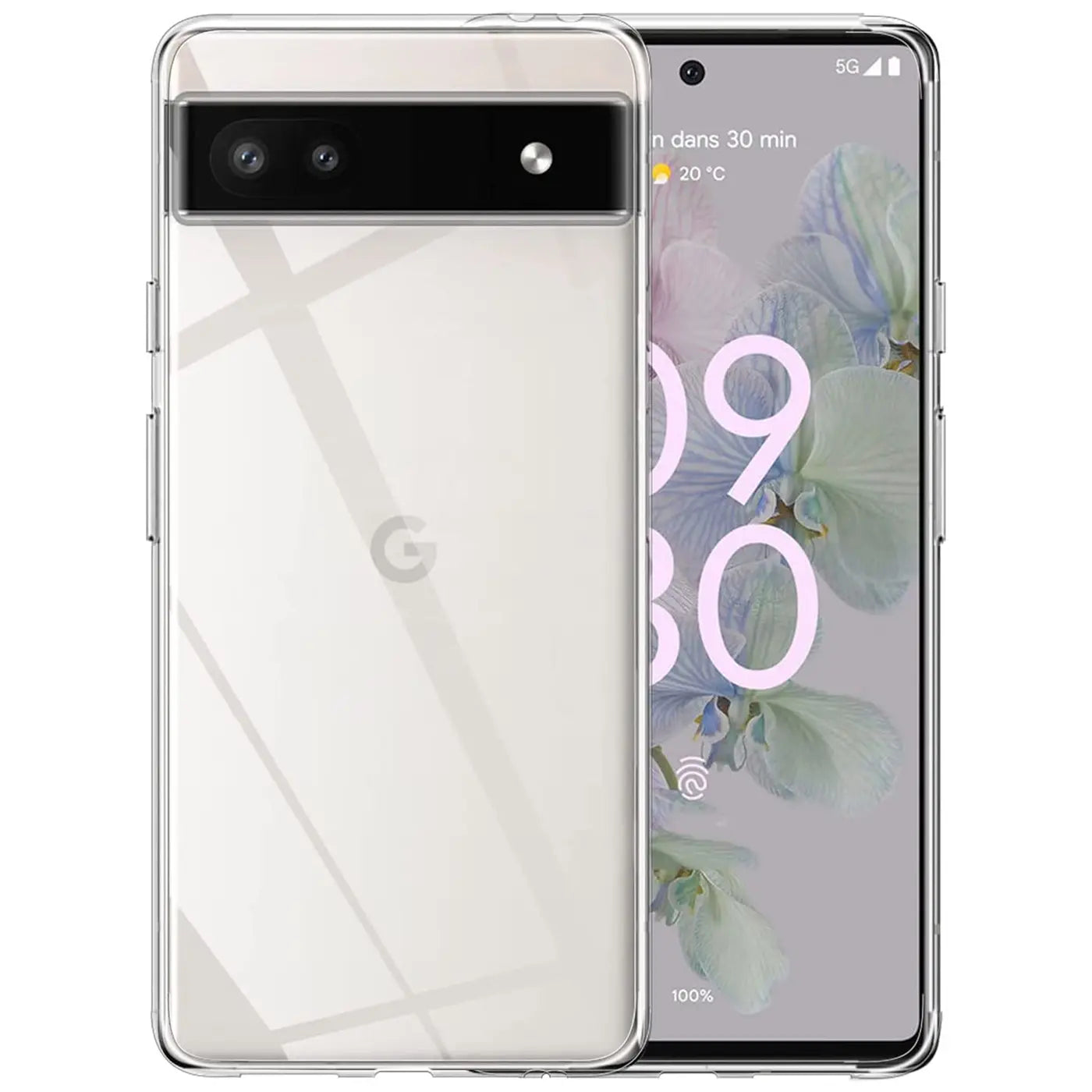 Google Pixel 6a in transparenter, ultra-schlanker Silikonhülle, Rückseite mit Google-Logo und Kamera sichtbar.