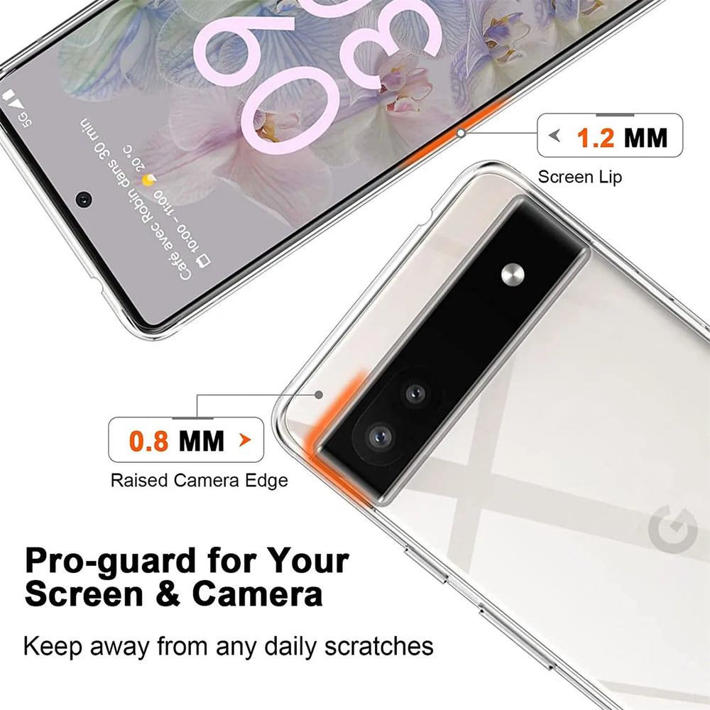 Klares Silikon-Case für Google Pixel 6a, schräg von oben. Erhöhte Ränder (0,8 mm Kamera, 1,2 mm Display).