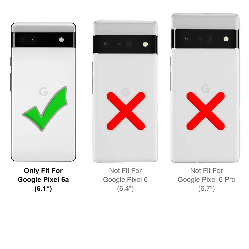Drei weiße Google Pixel Handys von hinten, das linke mit grünem Haken (Pixel 6a), die anderen mit rotem X.