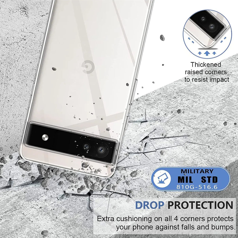 Klares, transparentes Silikon-Case für Google Pixel 6a, schräg von oben auf zersplittertem Beton liegend.