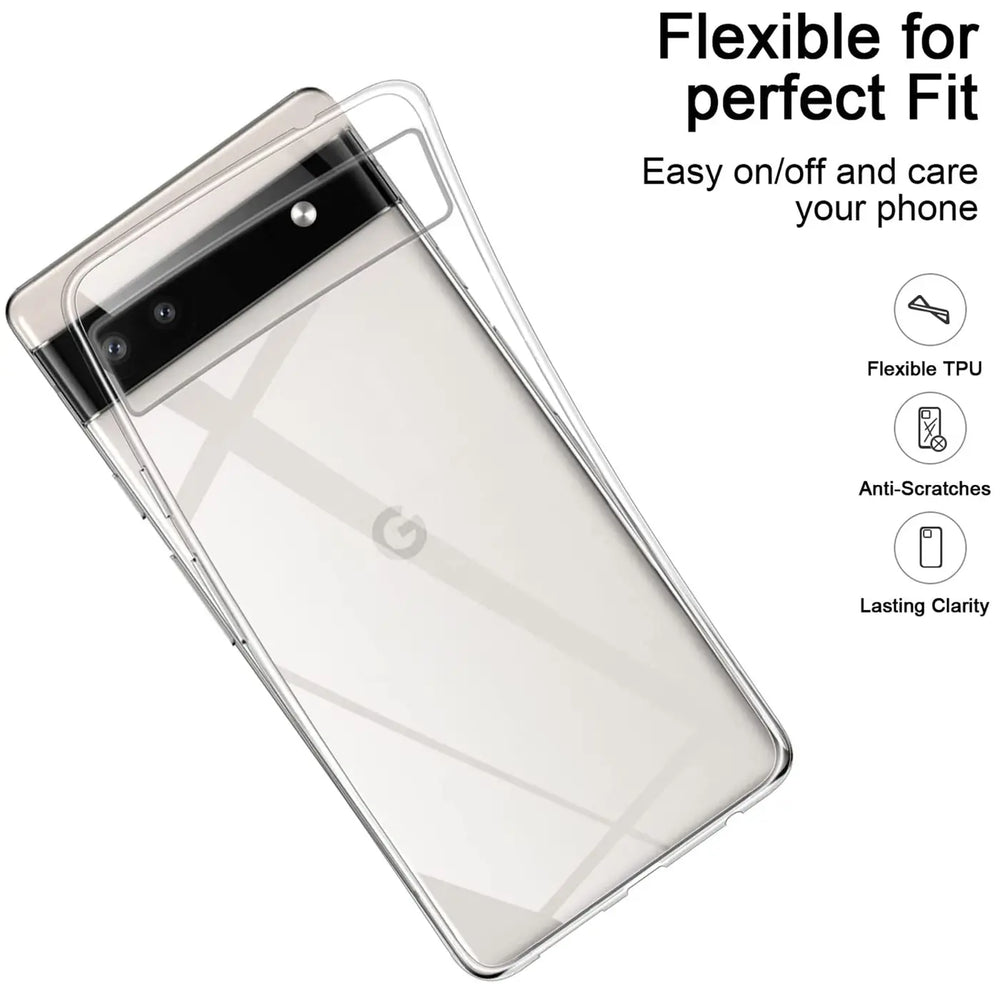 Klares, transparentes TPU-Case für Google Pixel 6a, schräg von oben rechts auf weißem Hintergrund.