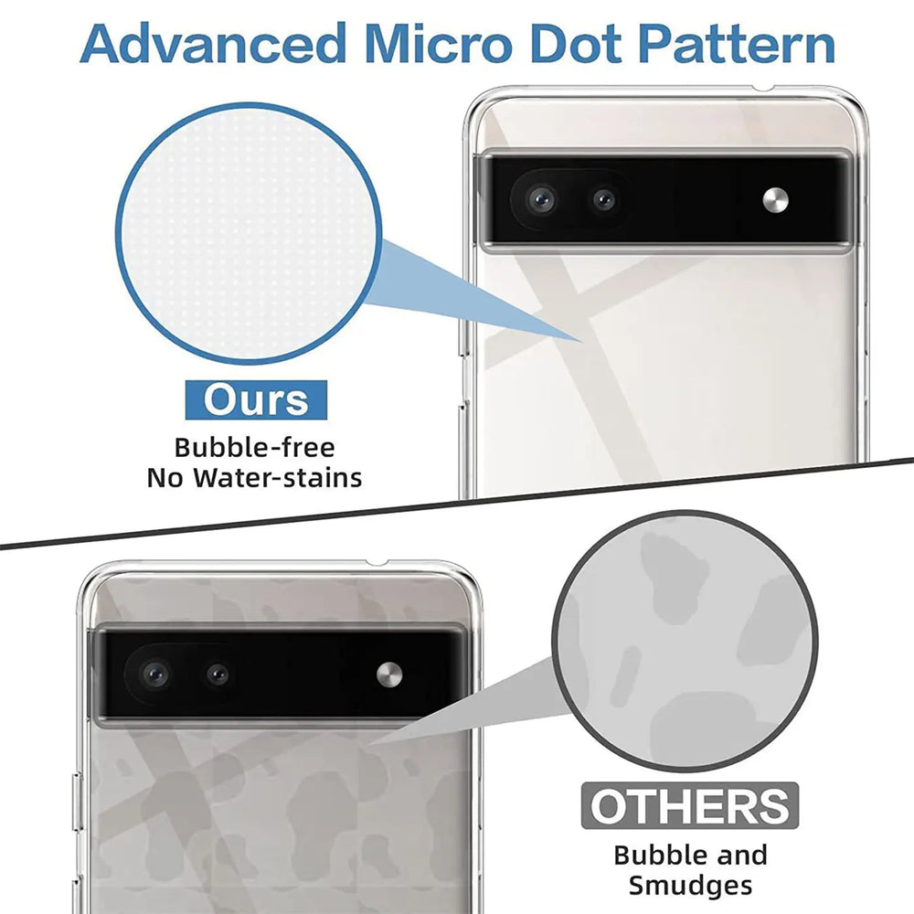 Zwei Google Pixel 6a mit transparenten Silikonhüllen von hinten. Oben: Blasenfreie Hülle mit Mikropunkten. Unten: Hülle mit.