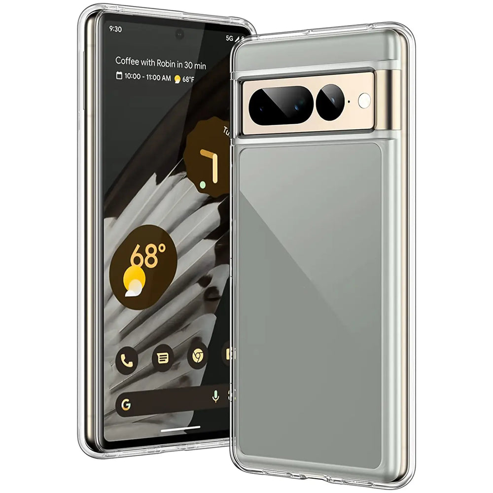 Google Pixel 7 Pro in transparentem, ultra-schlankem Silikon-Case. Vorder- und Rückseite schräg von vorne gezeigt.
