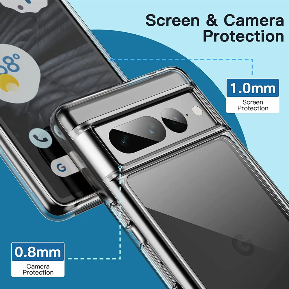 Klares, transparentes Silikon-Case auf einem Google Pixel 7 Pro, schräg von oben rechts fotografiert.