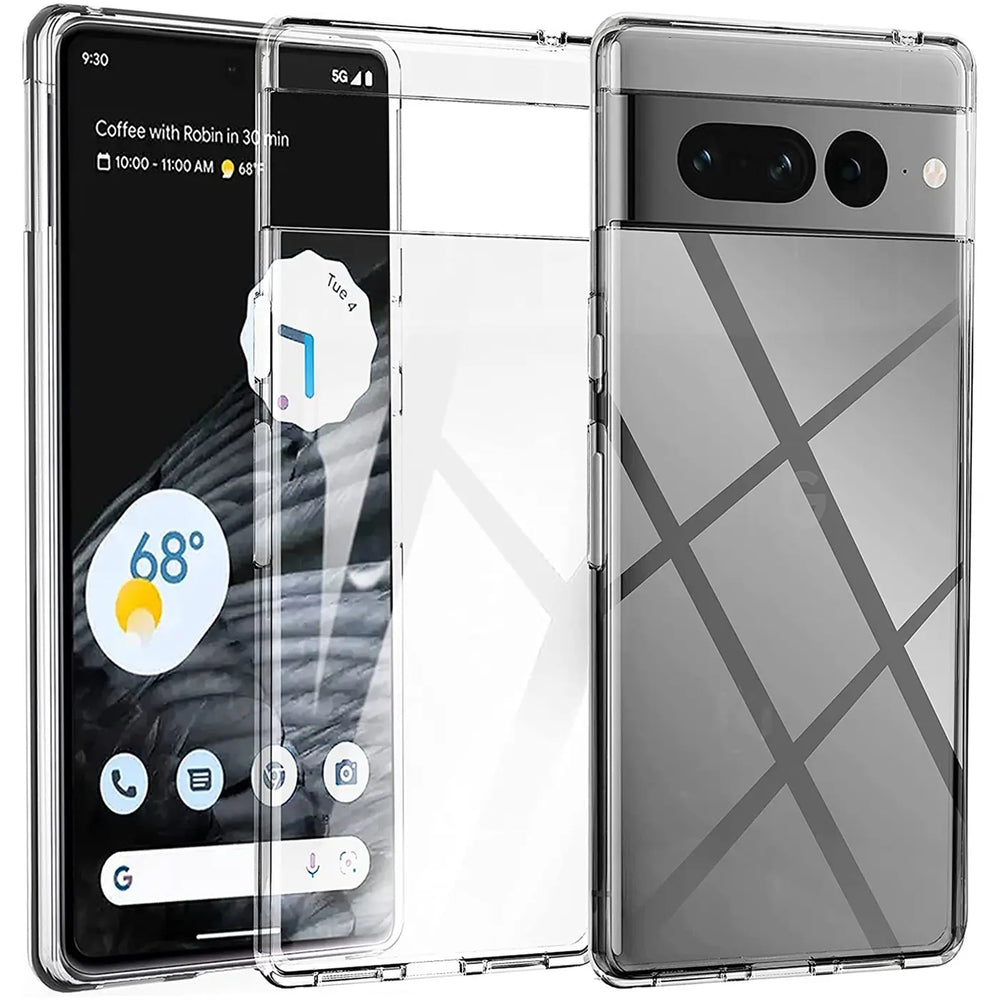 Drei transparente Silikon-Schutzhüllen für Google Pixel 7 Pro, von vorne, seitlich und hinten gezeigt.