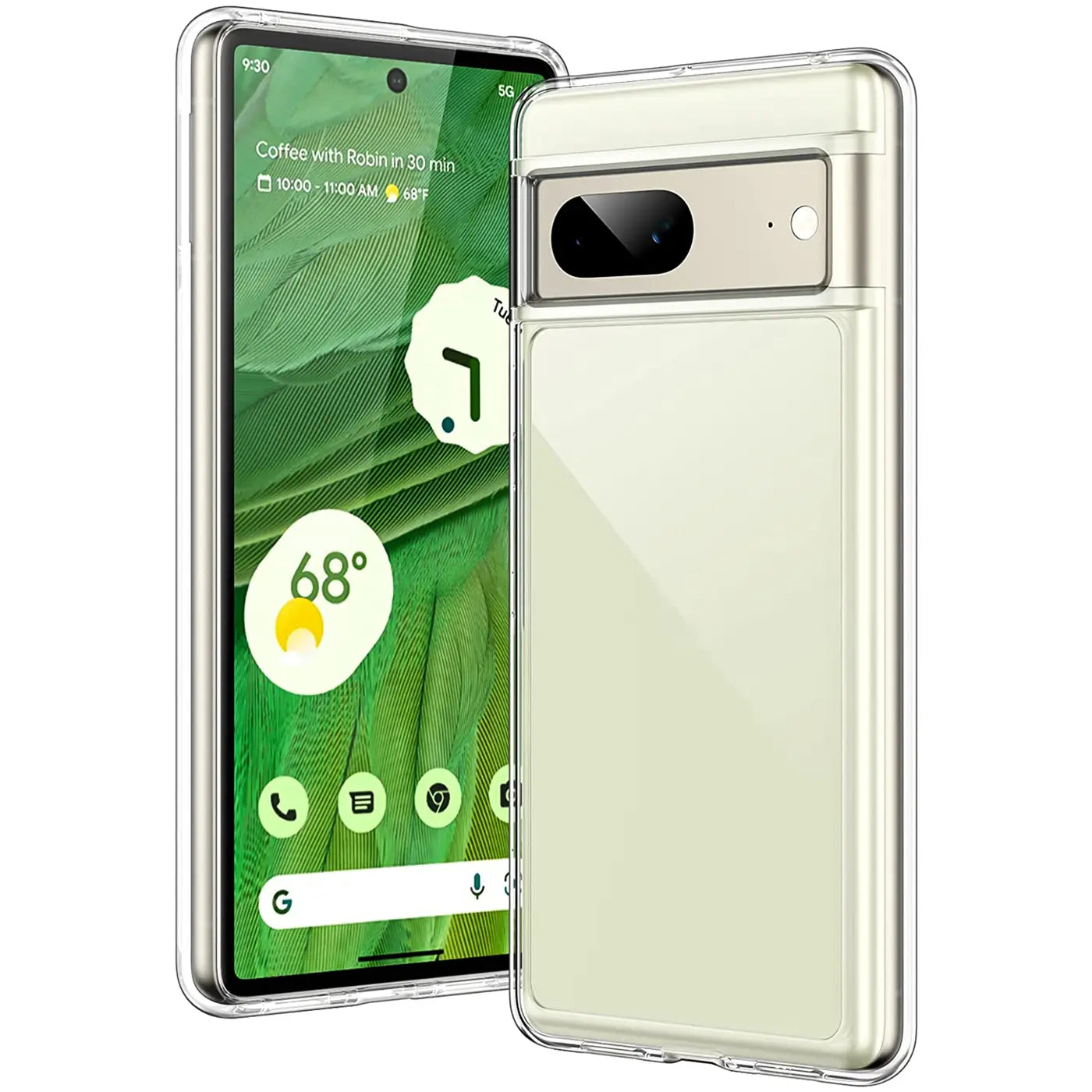 Zwei Google Pixel 7 Handys im transparenten, ultra-schlanken Silikon-Case, leicht schräg von vorne/hinten.
