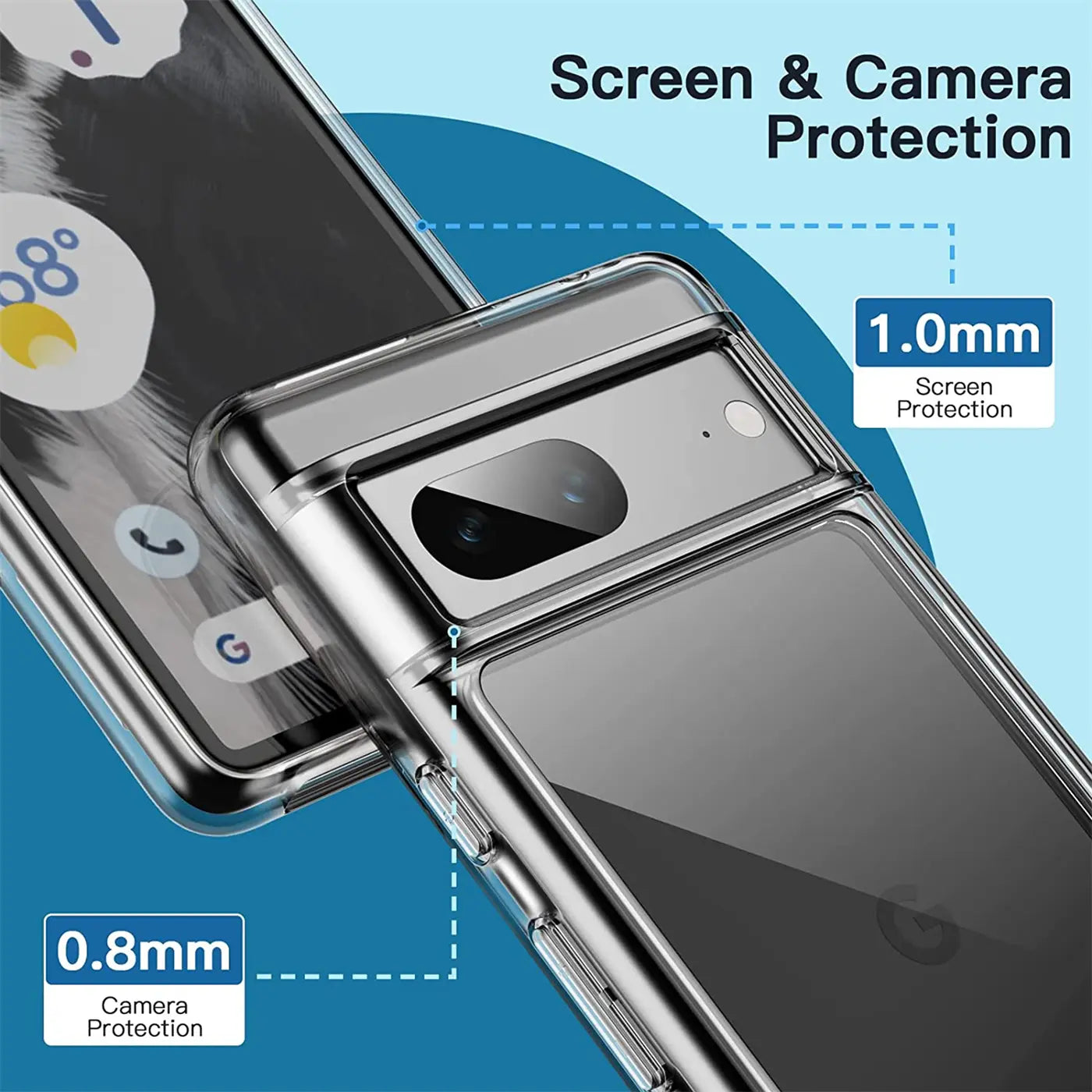 Klares, transparentes Silikon-Case auf einem Google Pixel 7, schräg von oben. Kamera und Display sind sichtbar.