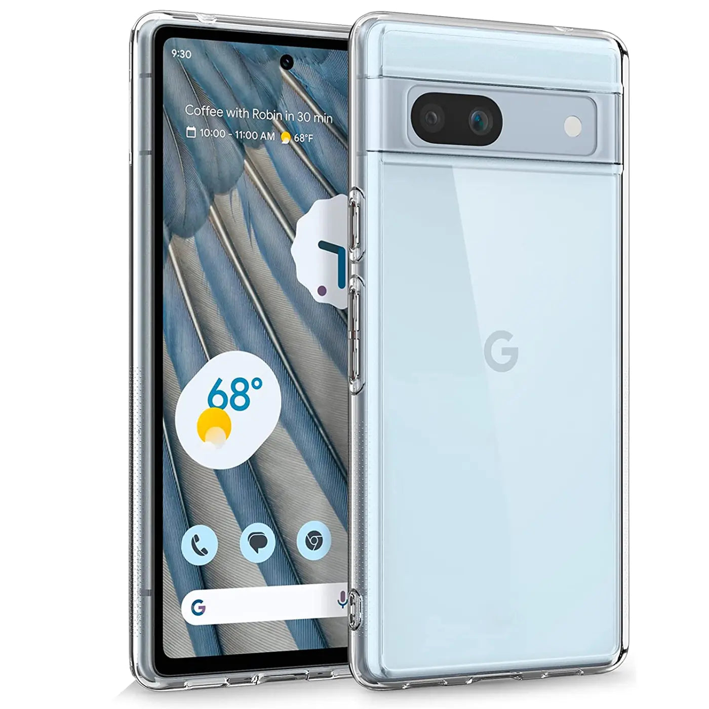 Google Pixel 7a in hellblau mit transparentem, ultra-schlankem Silikon-Case, von schräg vorne rechts.
