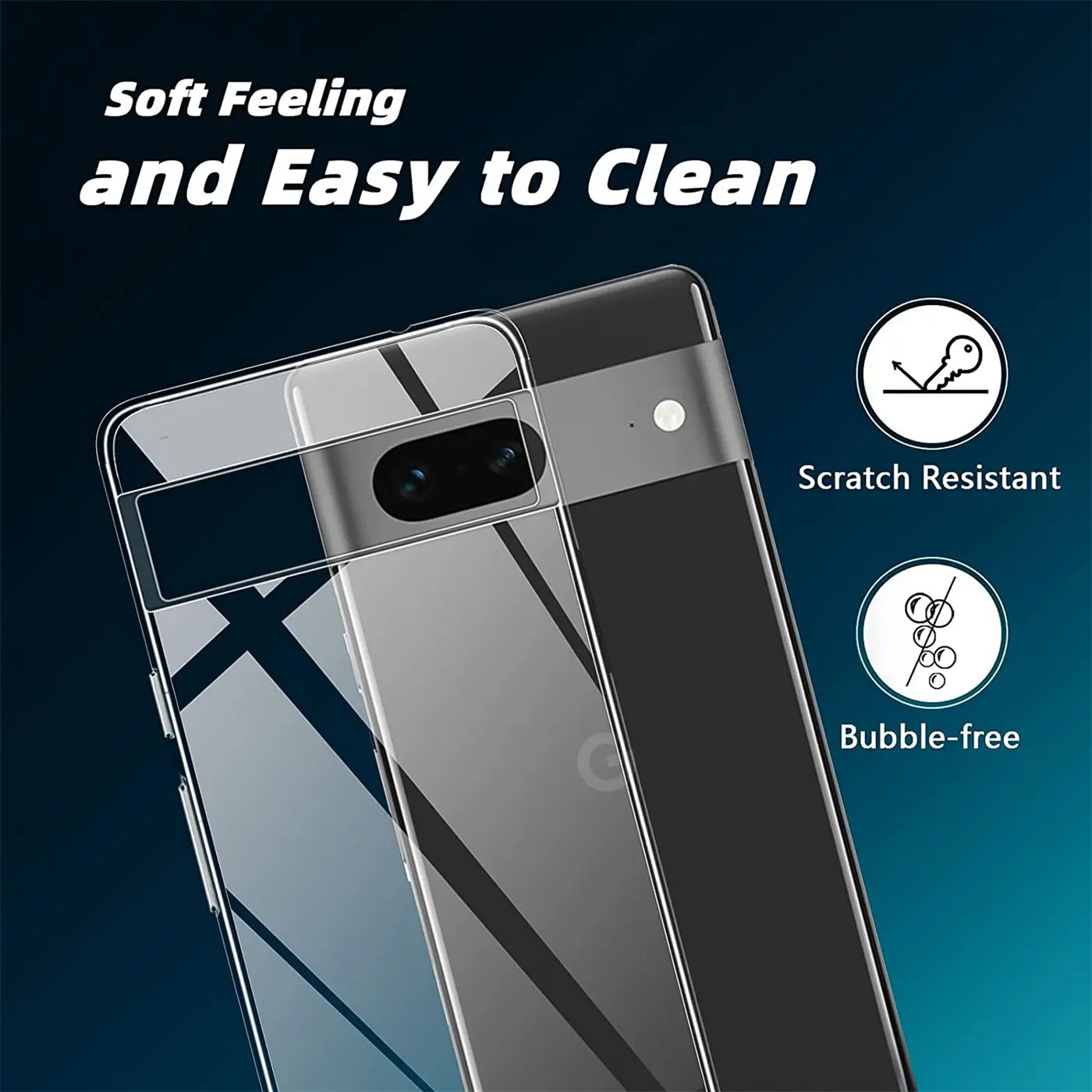 Klares, transparentes Silikon-Case auf einem grauen Google Pixel 7a Smartphone, schräg von oben rechts.