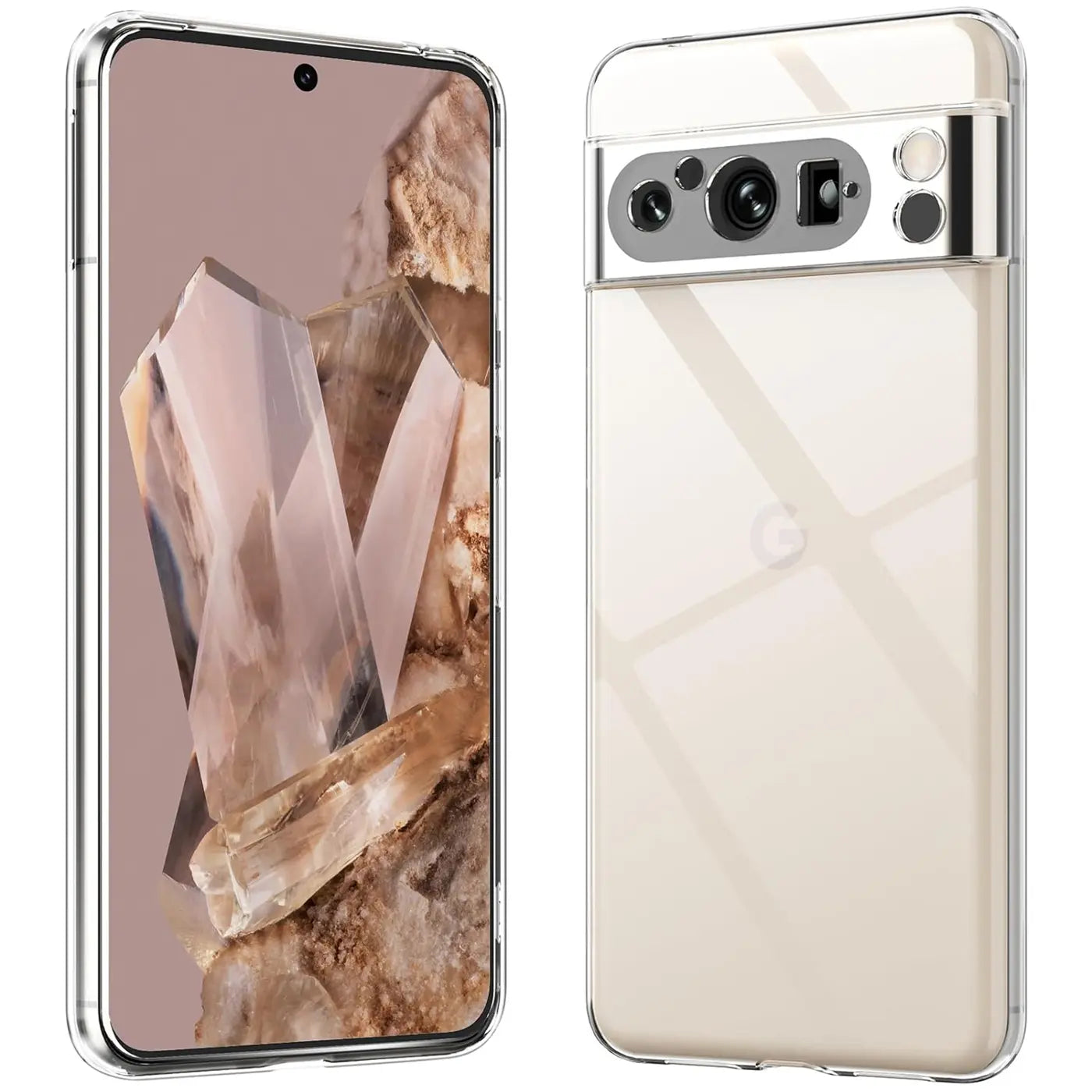 Zwei Google Pixel 8 Pro, eines von vorne, eines von hinten, in transparenten Silikonhüllen.