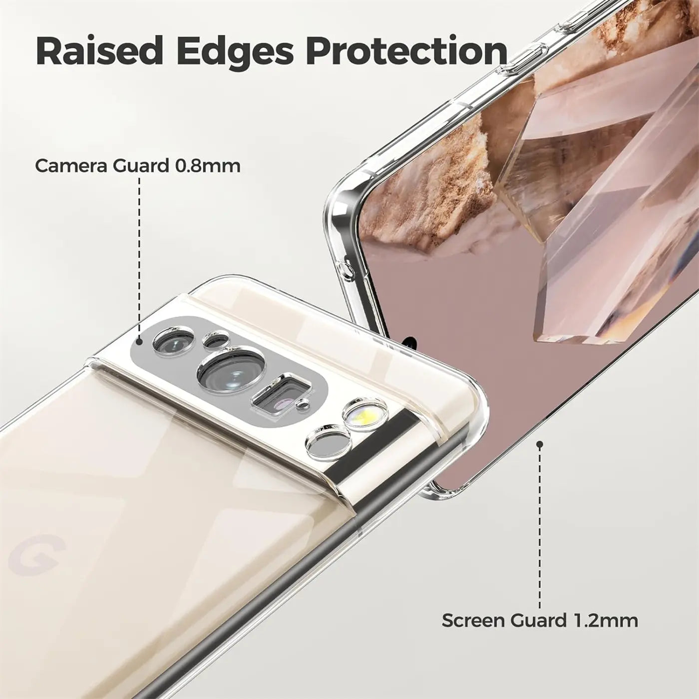 Zwei Google Pixel 8 Pro in transparenten Silikonhüllen, eines von hinten, eines von vorne. Erhöhte Ränder.