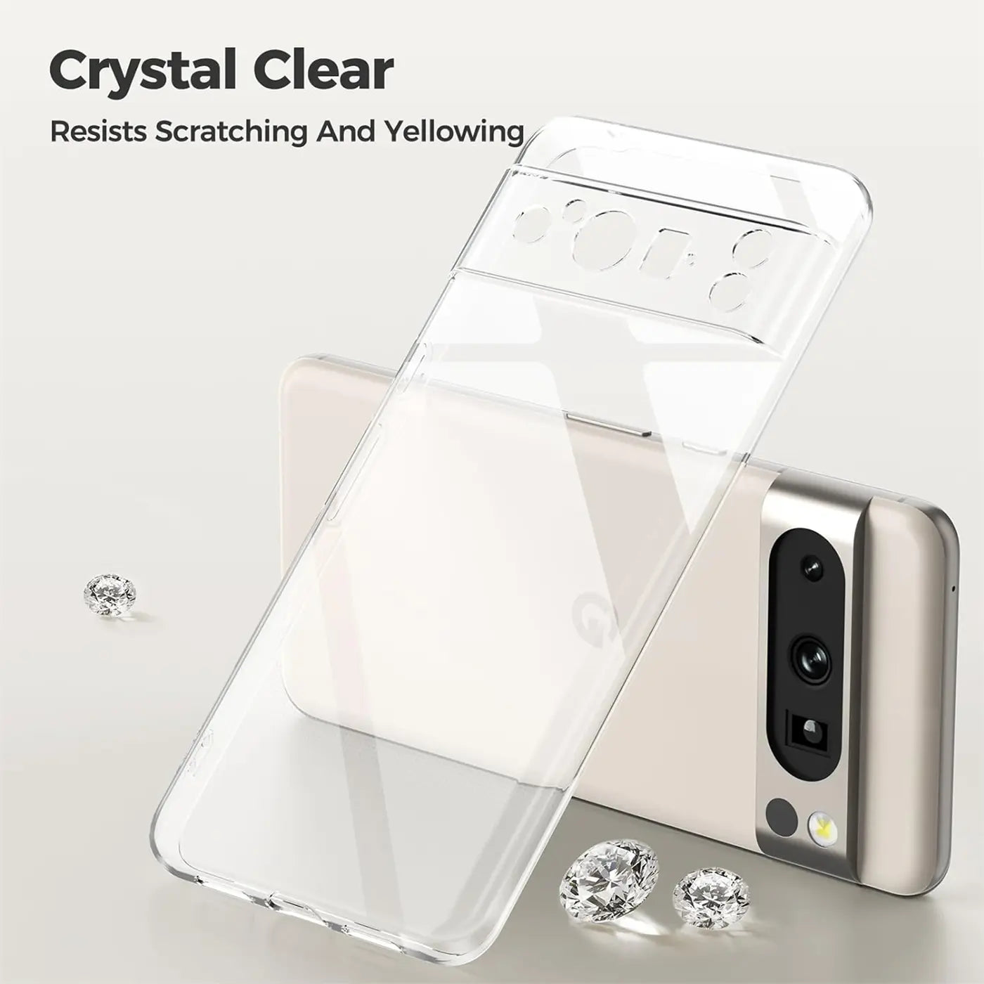 Transparentes, ultra-schlankes Silikon-Case für Google Pixel 8 Pro, leicht schräg über dem Smartphone liegend.