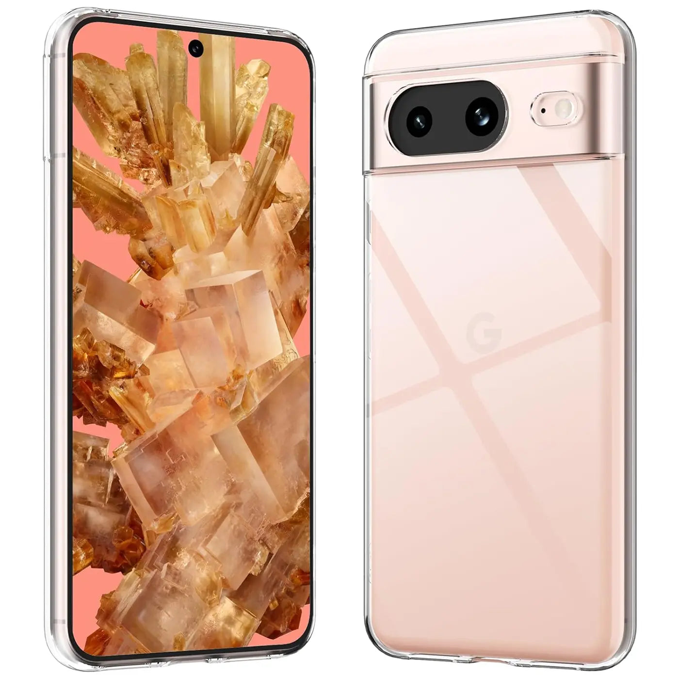 Klares, transparentes Silikon-Case für Google Pixel 8, von vorne und hinten schräg gezeigt.