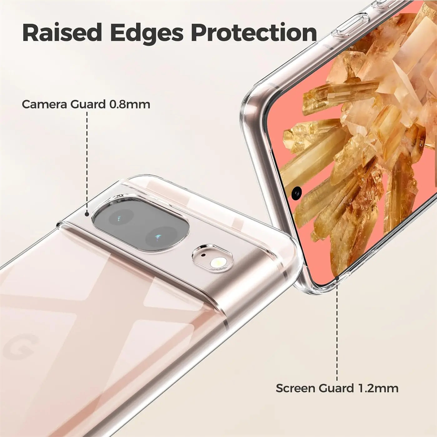 Transparentes, klares Silikon-Case für Google Pixel 8, schräg von oben. Erhöhte Ränder schützen Kamera und Display.