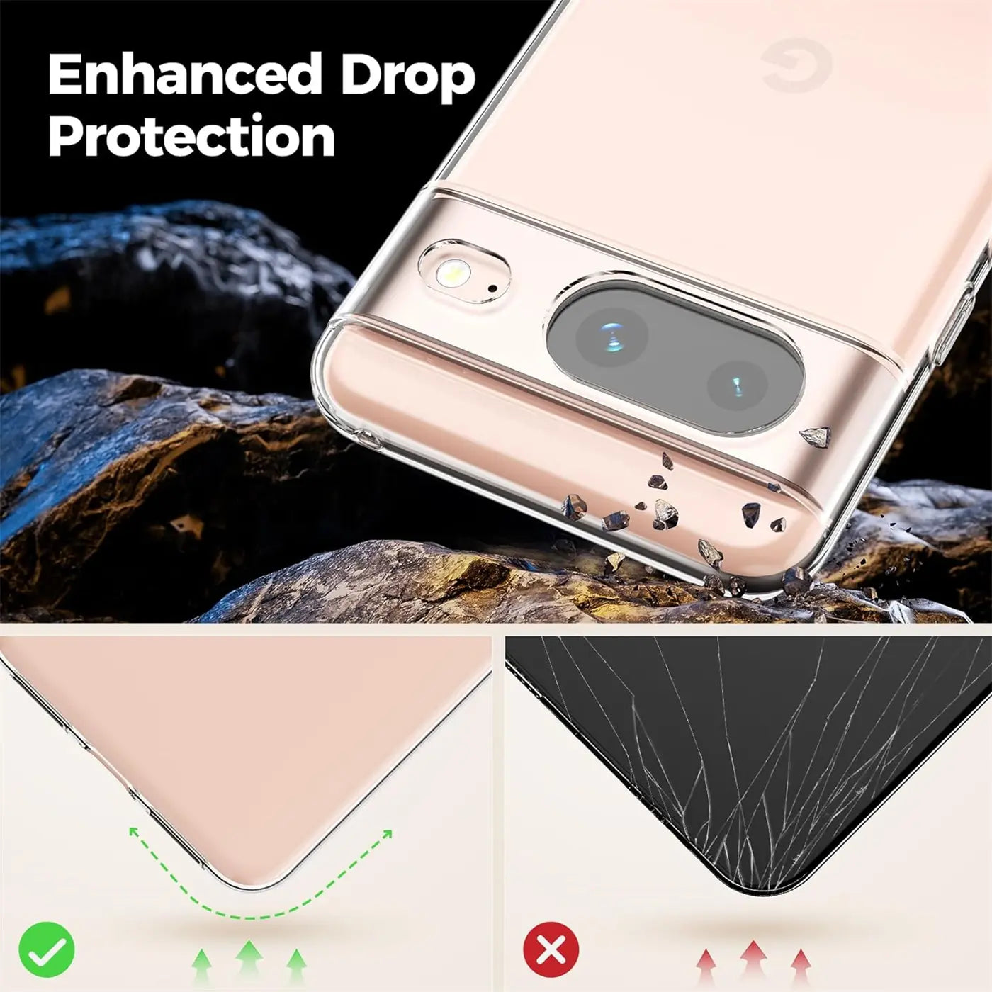 Transparentes TPU-Case auf rosafarbenem Google Pixel 8, von oben rechts, mit Steinen und Fallschutz-Symbolen.