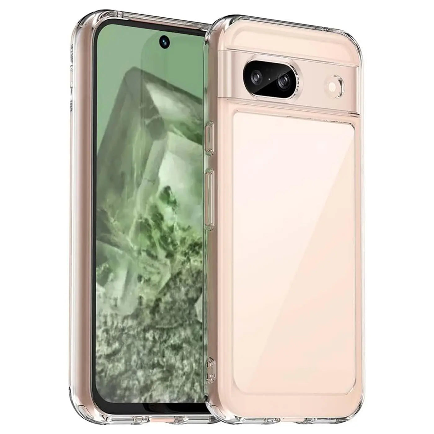 Zwei Google Pixel 8a in transparenten, ultra-schlanken Hüllen, leicht schräg von vorne/hinten auf weißem Grund.
