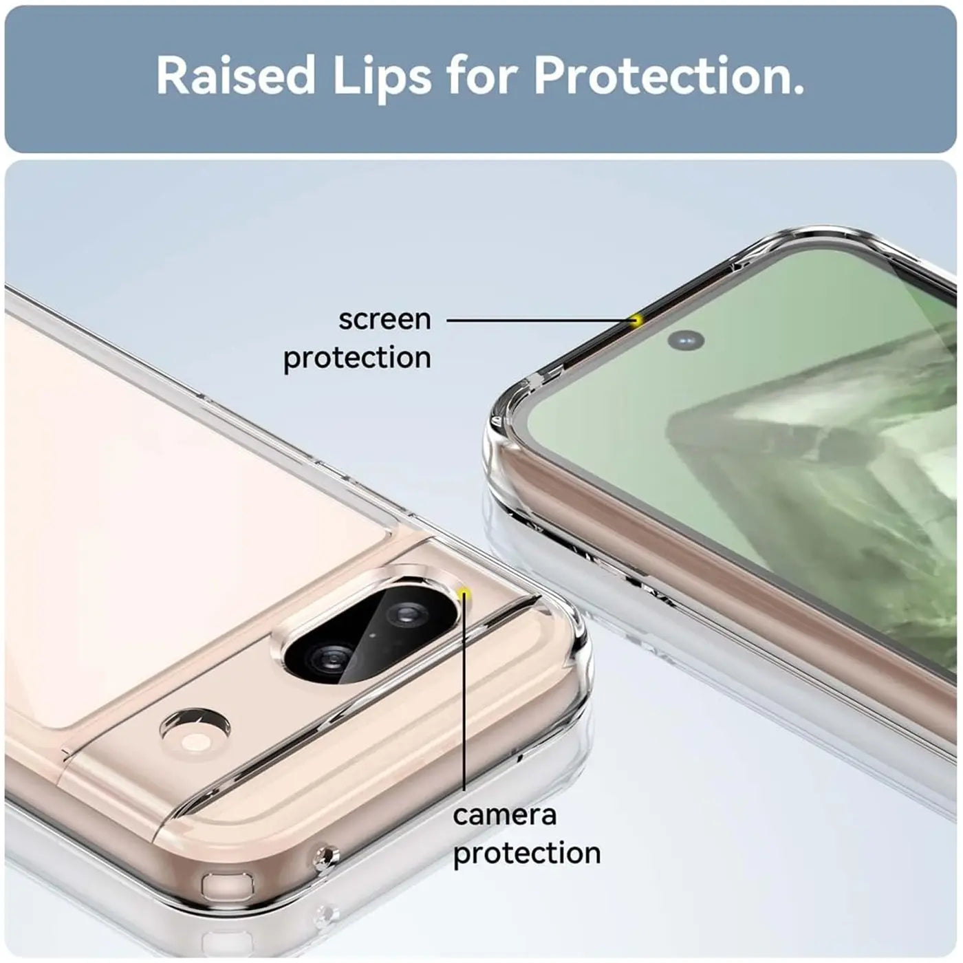 Zwei Google Pixel 8a in transparentem Silikon-Case, schräg von oben. Erhöhte Ränder schützen Display und Kamera.
