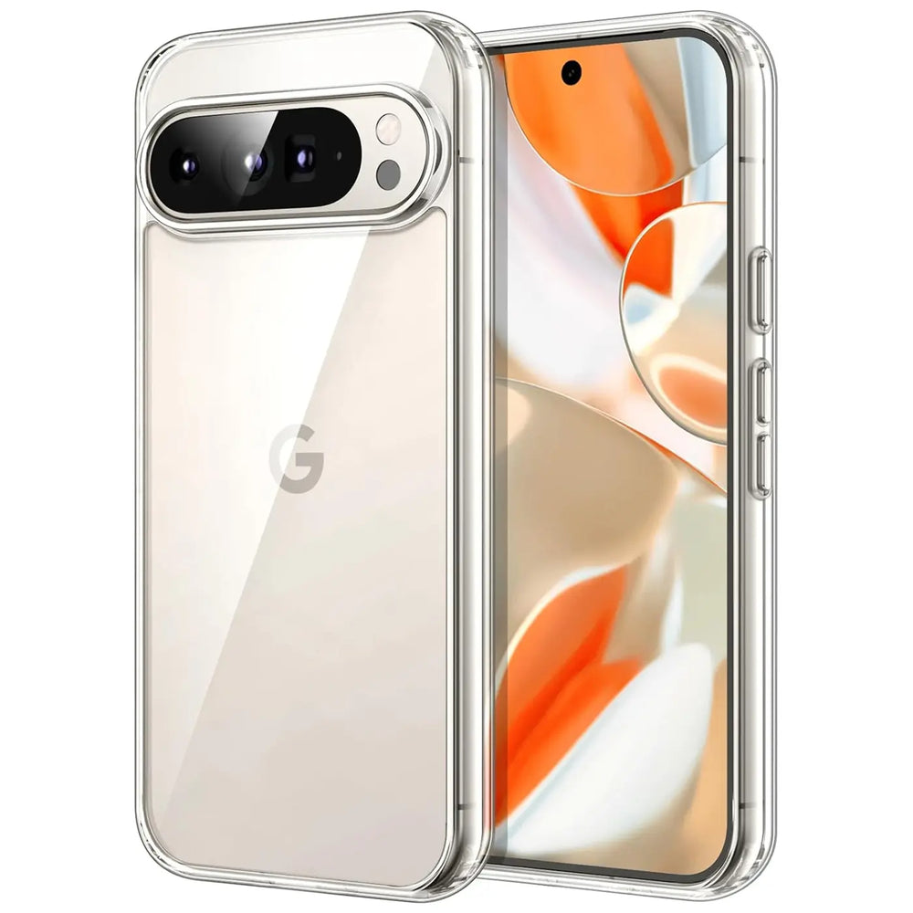 Klares, transparentes Silikon-Case für Google Pixel 9 Pro, schräg von hinten links und vorne rechts gezeigt.