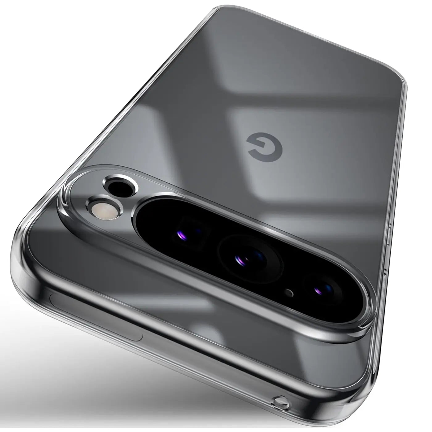 Klares, transparentes Silikon-Case auf einem Google Pixel 9 Pro XL, schräg von hinten oben, mit sichtbarer Kamera.