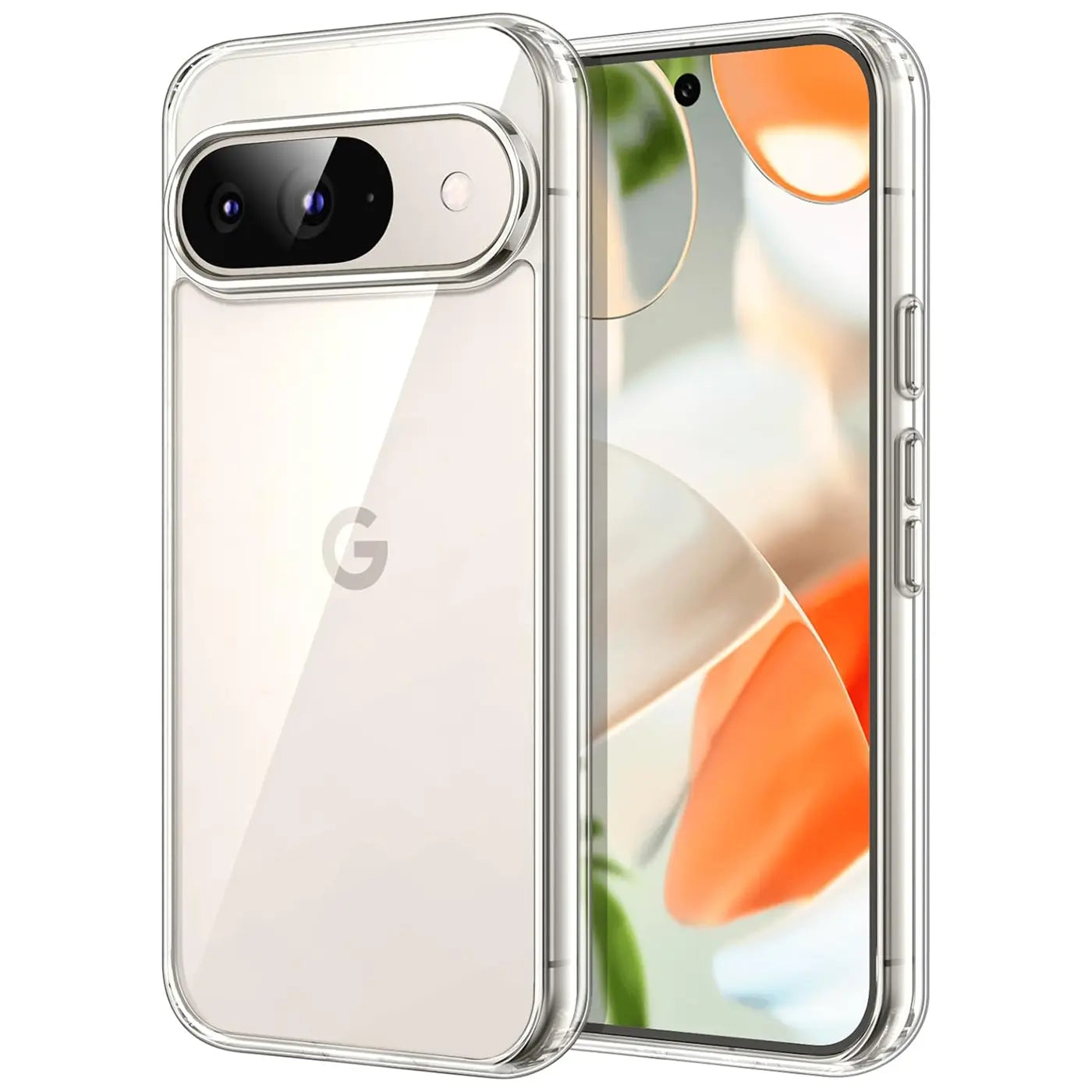 Klares, transparentes Silikon-Case für ein Google Pixel 9, von hinten links und vorne rechts sichtbar.