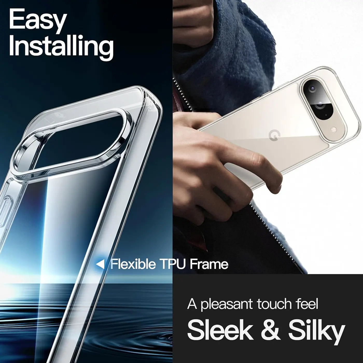 Klares, transparentes TPU-Case für Google Pixel 9. Nahaufnahme des Cases und einer Hand, die ein Pixel 9 mit Case hält.
