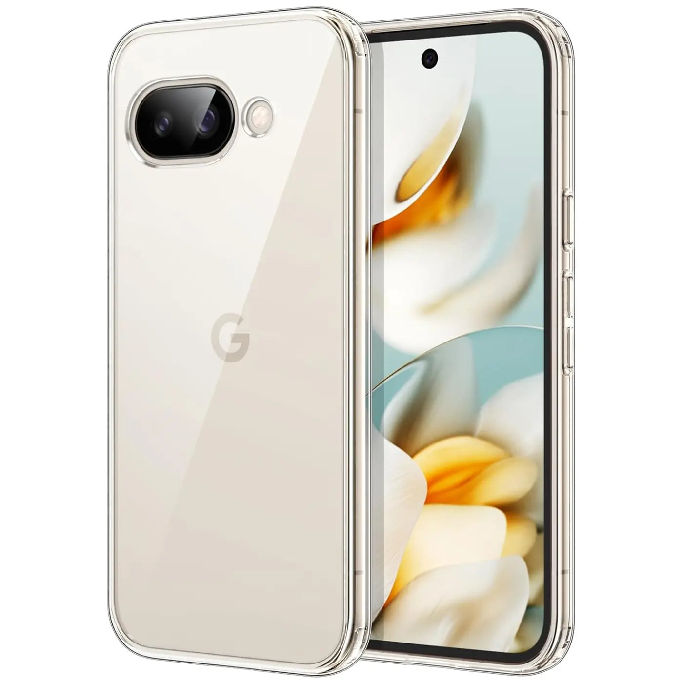 Google Pixel 9a in transparentem, ultra-schlankem TPU-Case, schräg von hinten links gezeigt. Rückseite mit Google-Logo.