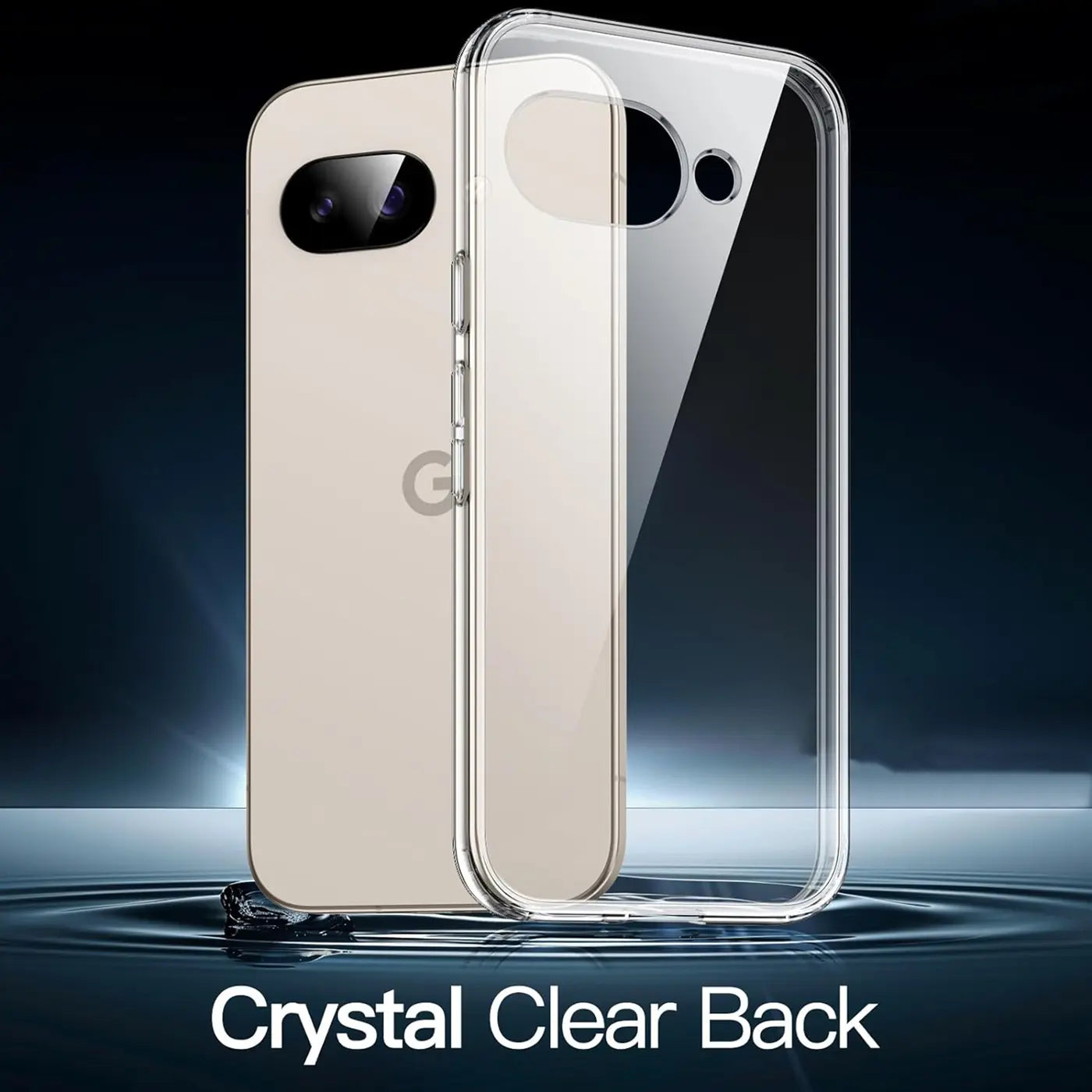 Klares, transparentes Ultra Slim Case aus TPU für Google Pixel 9a, schräg von hinten neben dem Handy stehend.
